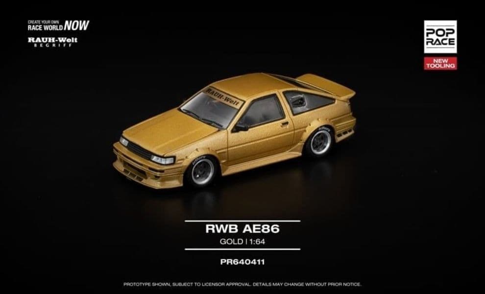 Mô hình Pop Race PR640411 AE86 RWB màu vàng Gold, thân xe độ widebody phong cách RWB, bản New Tooling chi tiết cao phù hợp cho nhà sưu tầm mô hình.
