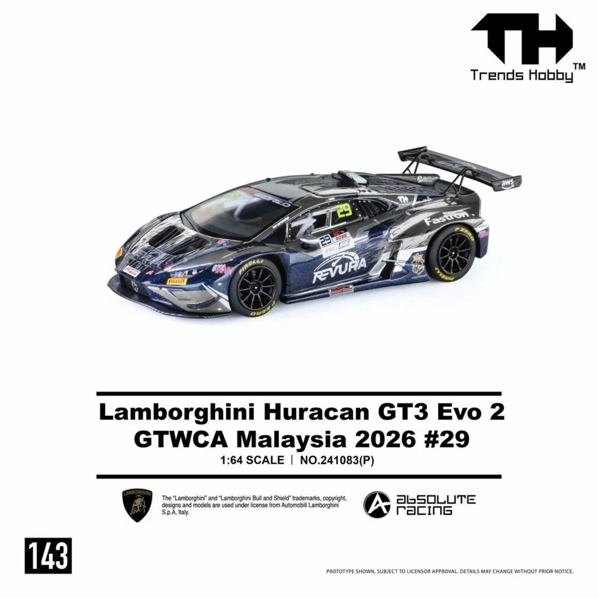 Xe mô hình Trends Hobby TH143 241083P Lamborghini Huracán GT3 EVO2 GTWCA Malaysia 2026 #29