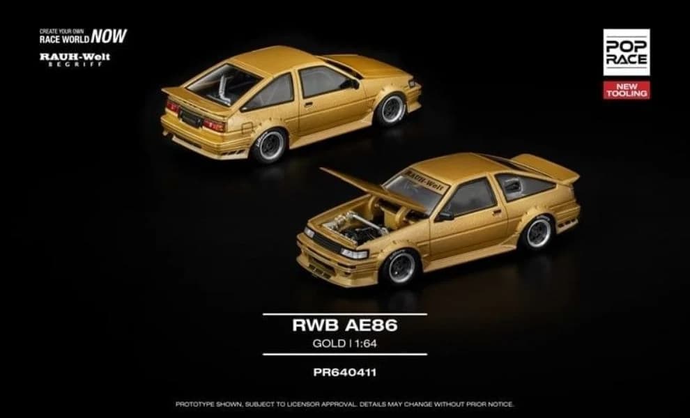 Mô hình xe Pop Race PR640411 RWB AE86 Gold New Tooling, phiên bản độ widebody, màu vàng gold ánh kim, chi tiết sắc nét dùng để sưu tầm và trưng bày.