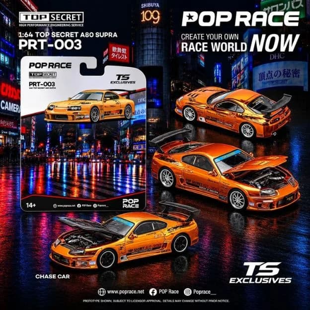Xe Mô Hinh Pop Race A PRT003 TOP SECRET A80 SUPRA GT300 ORANGE CHROME