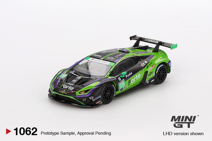 Mô hình Mini GT MGT01062 Lamborghini Huracán GT3 EVO2 #78 Forte Racing 1:64, góc trước