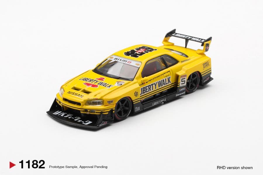 Mô hình Mini GT MGT01182 Nissan LB-ER34 Super Silhouette Skyline Sport Yellow 1:64, góc trước
