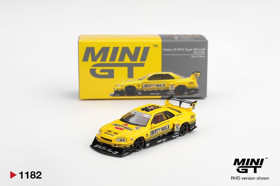 Mini GT MGT01182 Nissan LB-ER34 Super Silhouette Skyline Sport Yellow, cùng hộp Mini GT