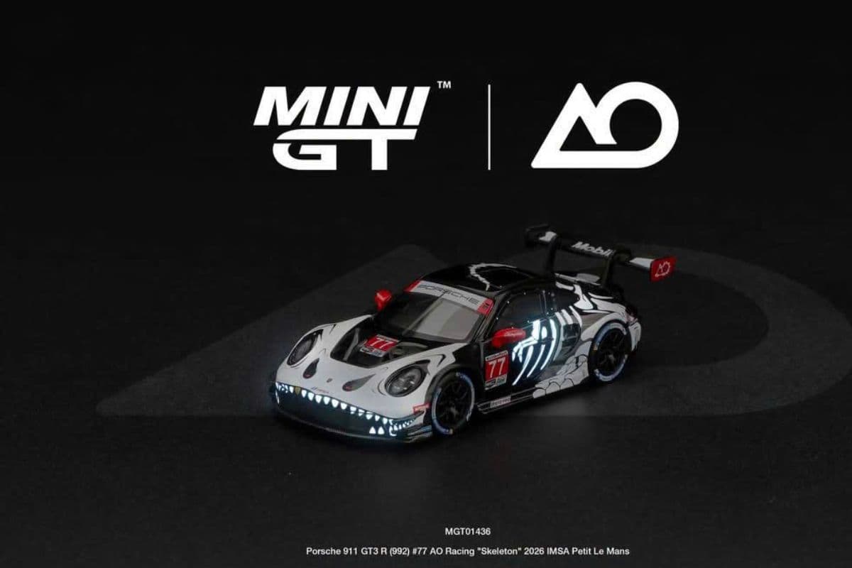 Xe mô hình Mini GT MGT01436 Porsche 911 GT3 R (992) #77 AO Racing “Skeleton Rexy” 2026 IMSA Petit Le Mans