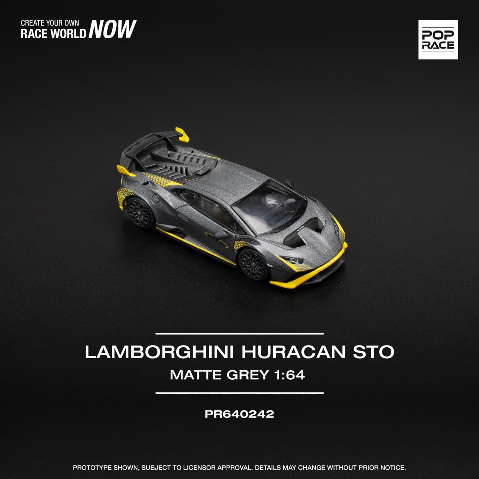 Pop Race PR640242 Lamborghini Huracán STO Matte Grey 1:64, góc trước nhìn từ phía khác, cánh gió sau và hốc gió trên mui, ảnh sản phẩm