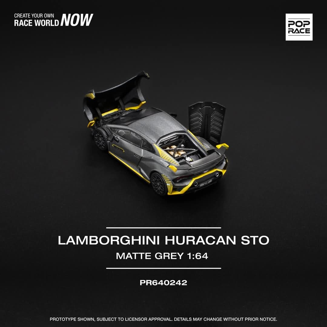 Pop Race PR640242 Lamborghini Huracán STO Matte Grey 1:64 với nắp khoang động cơ phía sau mở