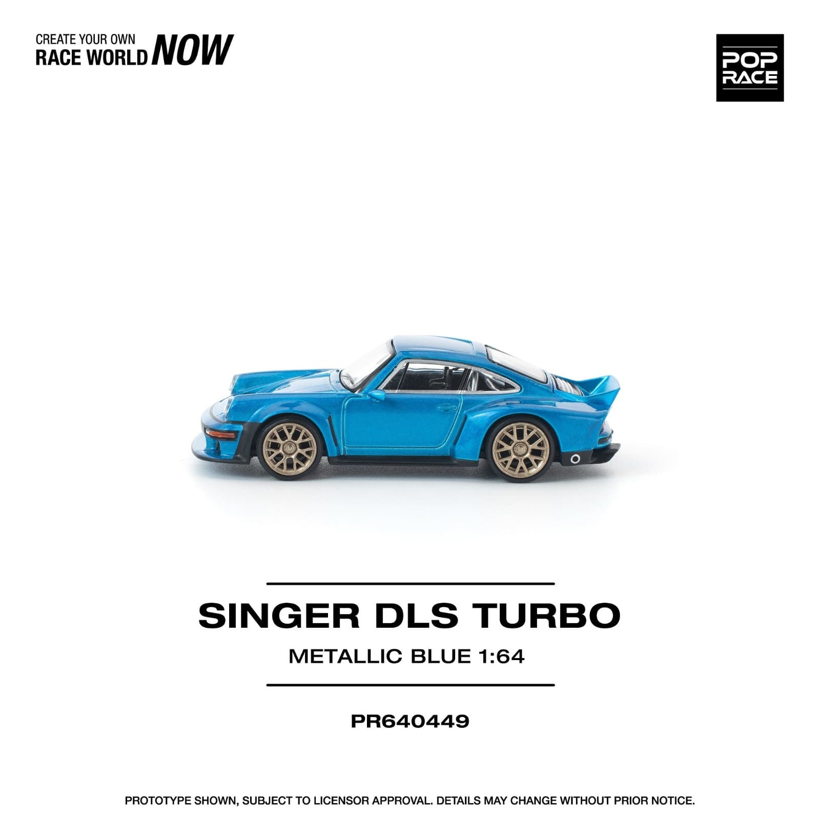 Pop Race PR640449 Singer DLS Turbo Metallic Blue 1:64, ảnh giới thiệu của hãng, nhìn ngang với mâm màu đồng và cánh gió sau