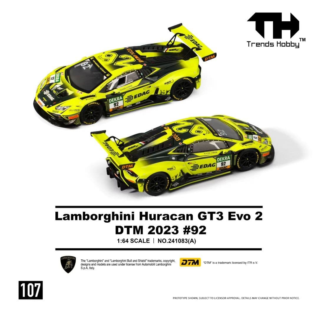 Trends Hobby TH107 241083(A) Lamborghini Huracán GT3 EVO2 DTM 2023 #92 SSR Performance 1:64, ảnh giới thiệu của hãng, góc trước và góc sau