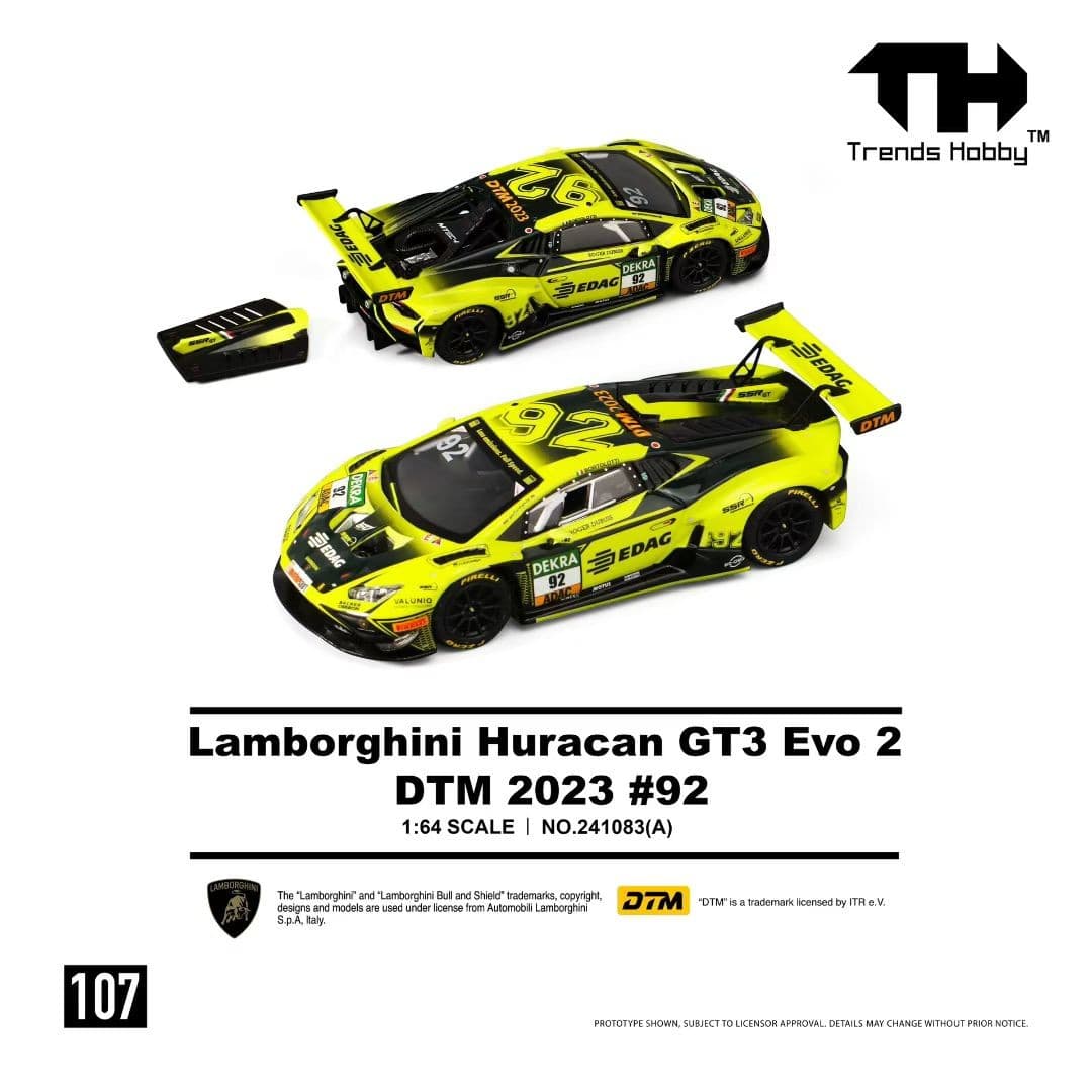 Trends Hobby TH107 241083(A) Lamborghini Huracán GT3 EVO2 DTM 2023 #92 SSR Performance 1:64, ảnh giới thiệu của hãng, hai góc nhìn kèm nắp khoang động cơ tháo rời