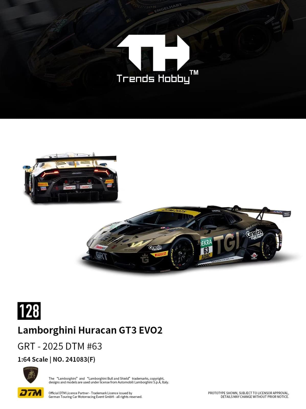 Trends Hobby 241083F Lamborghini Huracán GT3 EVO2 GRT DTM 2025 #63 1:64, ảnh giới thiệu của hãng, nhìn từ phía trước và phía sau