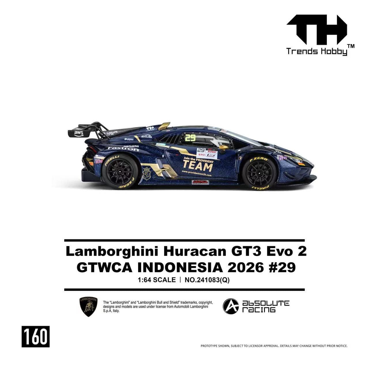 Trends Hobby TH160 241083(Q) Lamborghini Huracán GT3 EVO2 GTWCA Indonesia 2026 #29 1:64, ảnh giới thiệu của hãng, góc sau