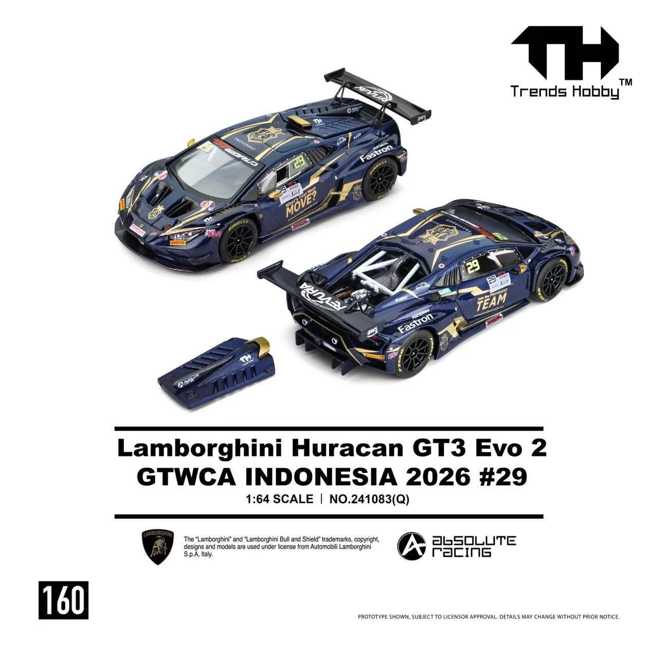 Trends Hobby TH160 241083(Q) Lamborghini Huracán GT3 EVO2 GTWCA Indonesia 2026 #29 1:64, ảnh giới thiệu của hãng, hai góc nhìn kèm nắp khoang động cơ tháo rời