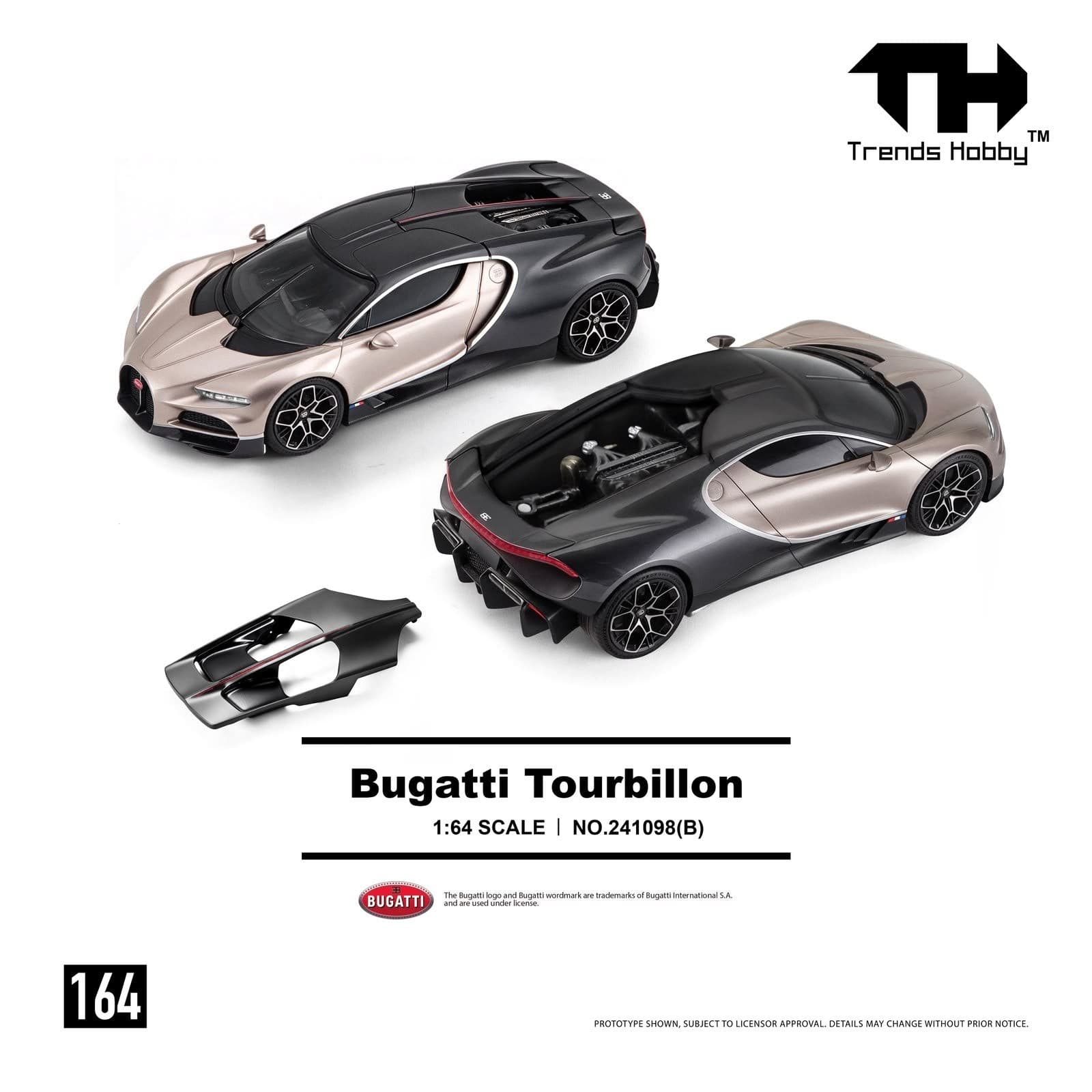 Trends Hobby TH164 241098(B) Bugatti Tourbillon Dore 1:64, ảnh giới thiệu của hãng, hai góc nhìn, phần khoang động cơ phía sau mở