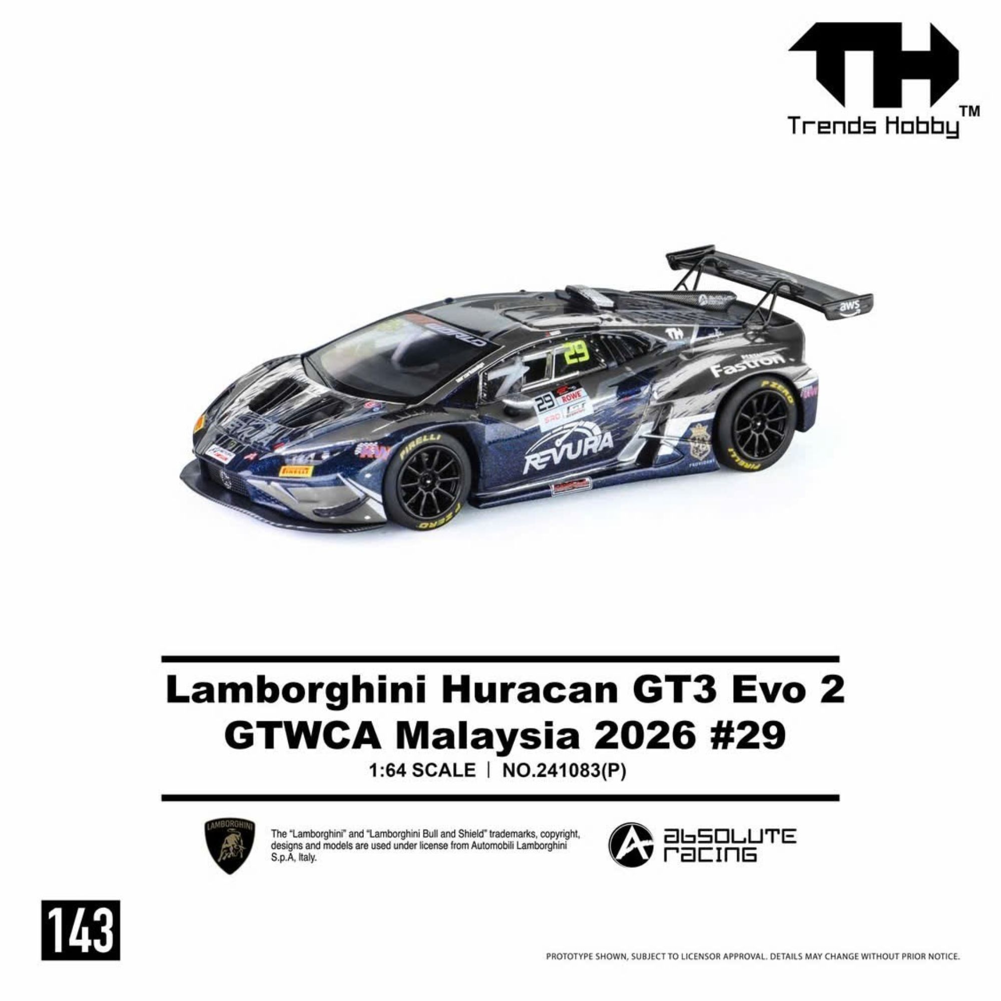 Xe mô hình Trends Hobby TH143 241083P Lamborghini Huracán GT3 EVO2 GTWCA Malaysia 2026 #29 Xe mô hình Trends Hobby TH143 241083P Lamborghini Huracán GT3 EVO2 GTWCA Malaysia 2026 #29